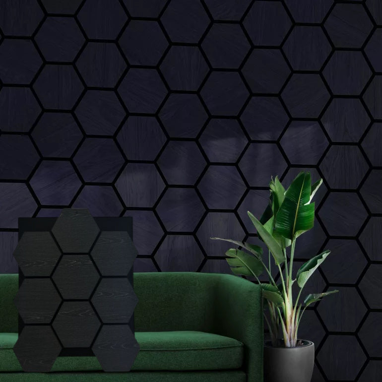 Pack Of x4 Wooden Acoustic Wall Hexagon Panels 700mm x 570mm Dark Grey